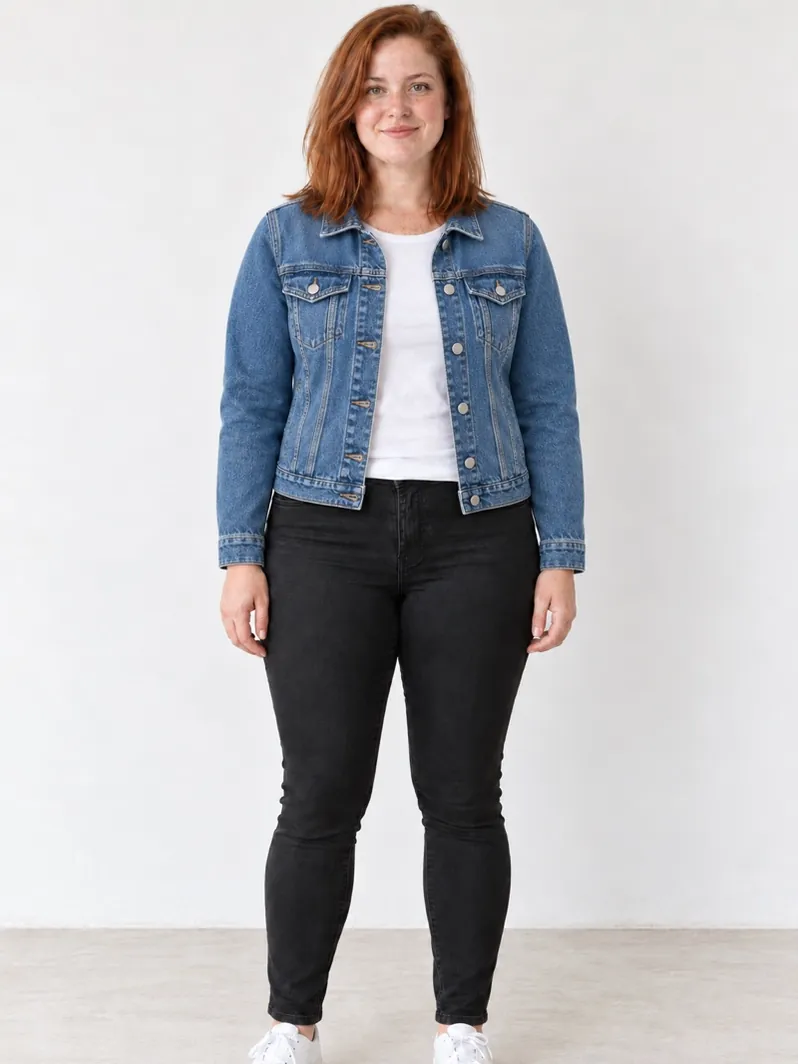 Example AI preview: the same person in a denim jacket