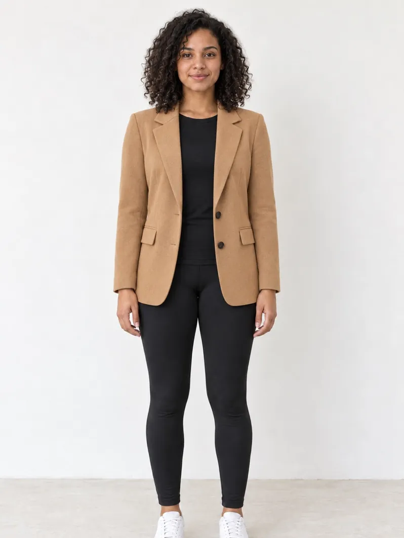 Example AI preview: the same person in a camel blazer